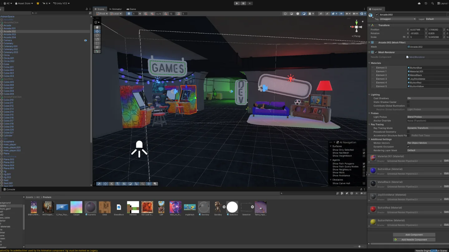 A lit arcade interior authored in Unity 6 with URP.